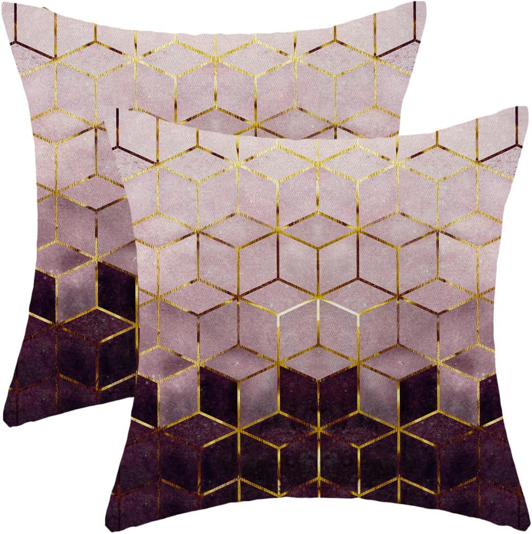 Boho Purple Pillow Covers 18 x 18 Inch Set of 2 Abstract Purple Golden Geometric Throw Pillows Outdoor Decorative Modern Art Cubic Pillowcase Linen Cushion Cases for Bed Sofa Couch