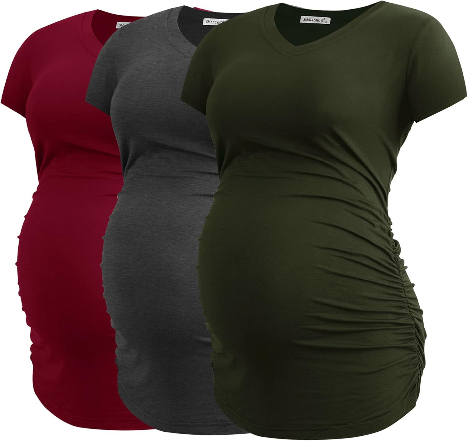 Smallshow Women's V Neck Maternity Clothes Tops Side Ruched Pregnancy T Shirt