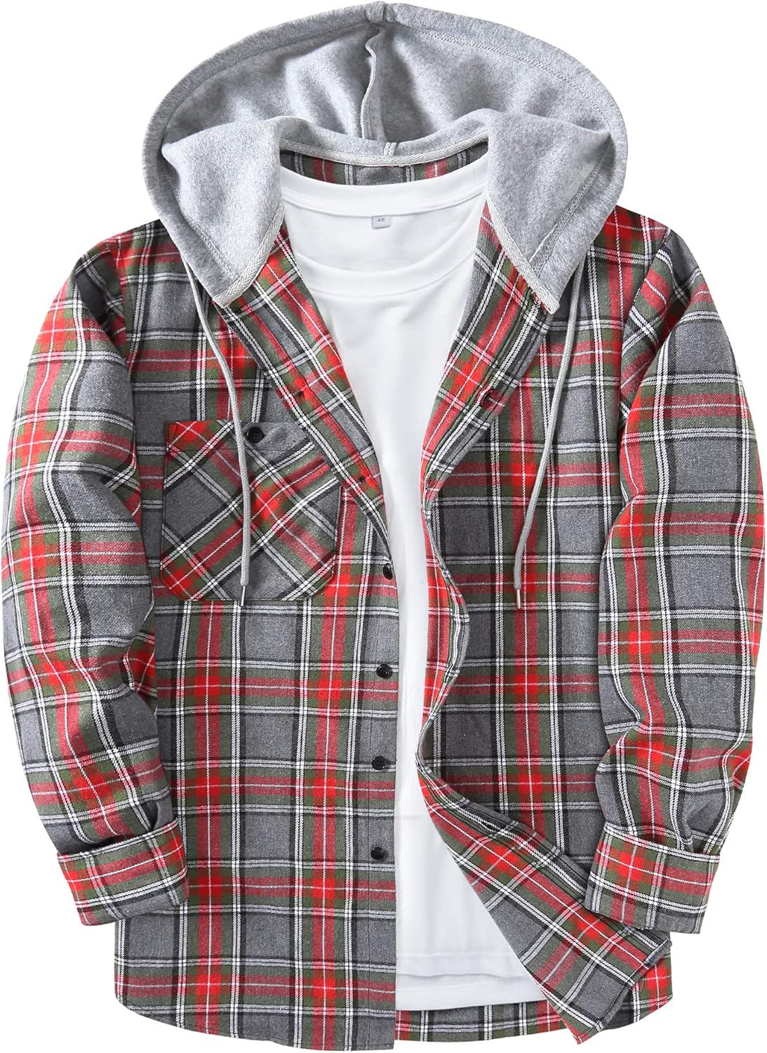 Mens Flannel Hooded Shirt Long Sleeve Fashion Plaid Hoodie Button Down Shirts with Pocket - (color: 06-red Gray, size: XX-Large)