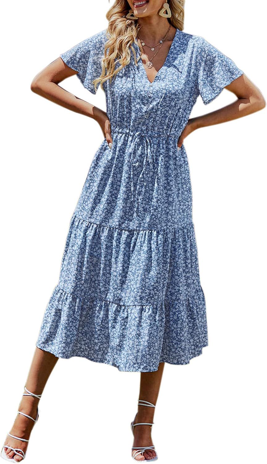 PRETTYGARDEN Summer Floral Dress for Women 2025 Casual Boho Short Sleeve Maxi Dresses V Neck Tiered Flowy Beach Sundress - (color: Blue White Floral, size: Small)
