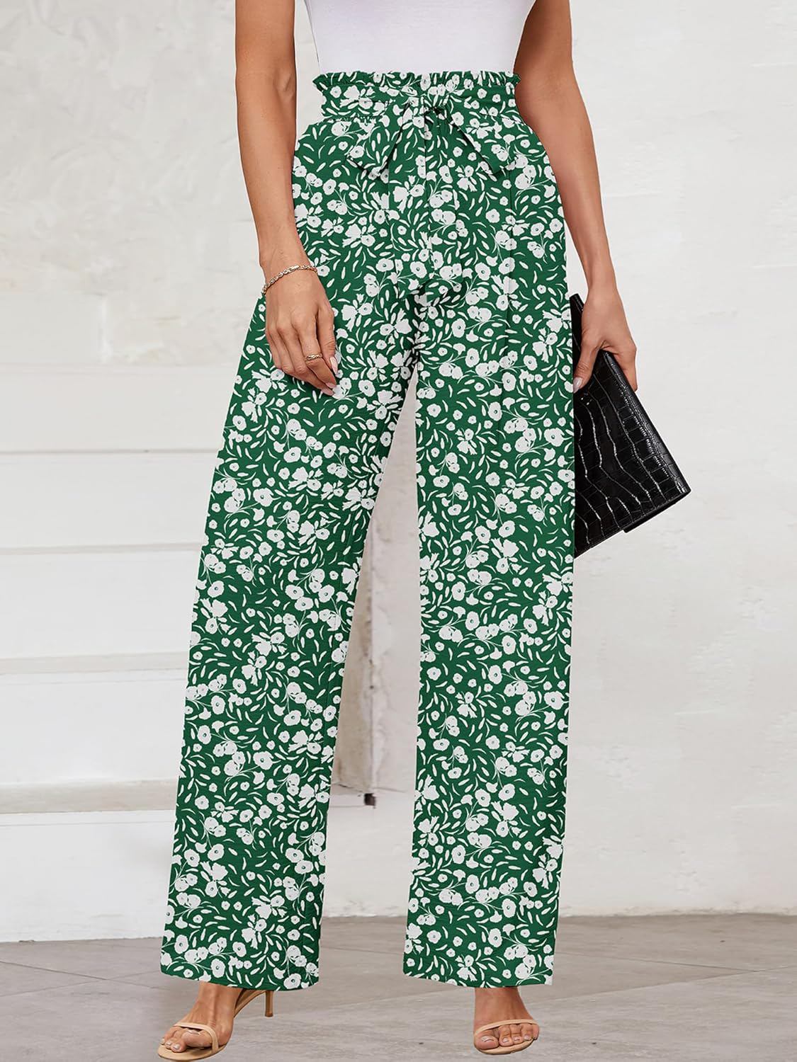 KORSIS Women's Wide Leg Lounge Pants Lightweight High Waisted Loose Work Elastic Casual Outfits Trousers with Pockets (S-2XL) - (color: Green Dandelion, size: Medium)