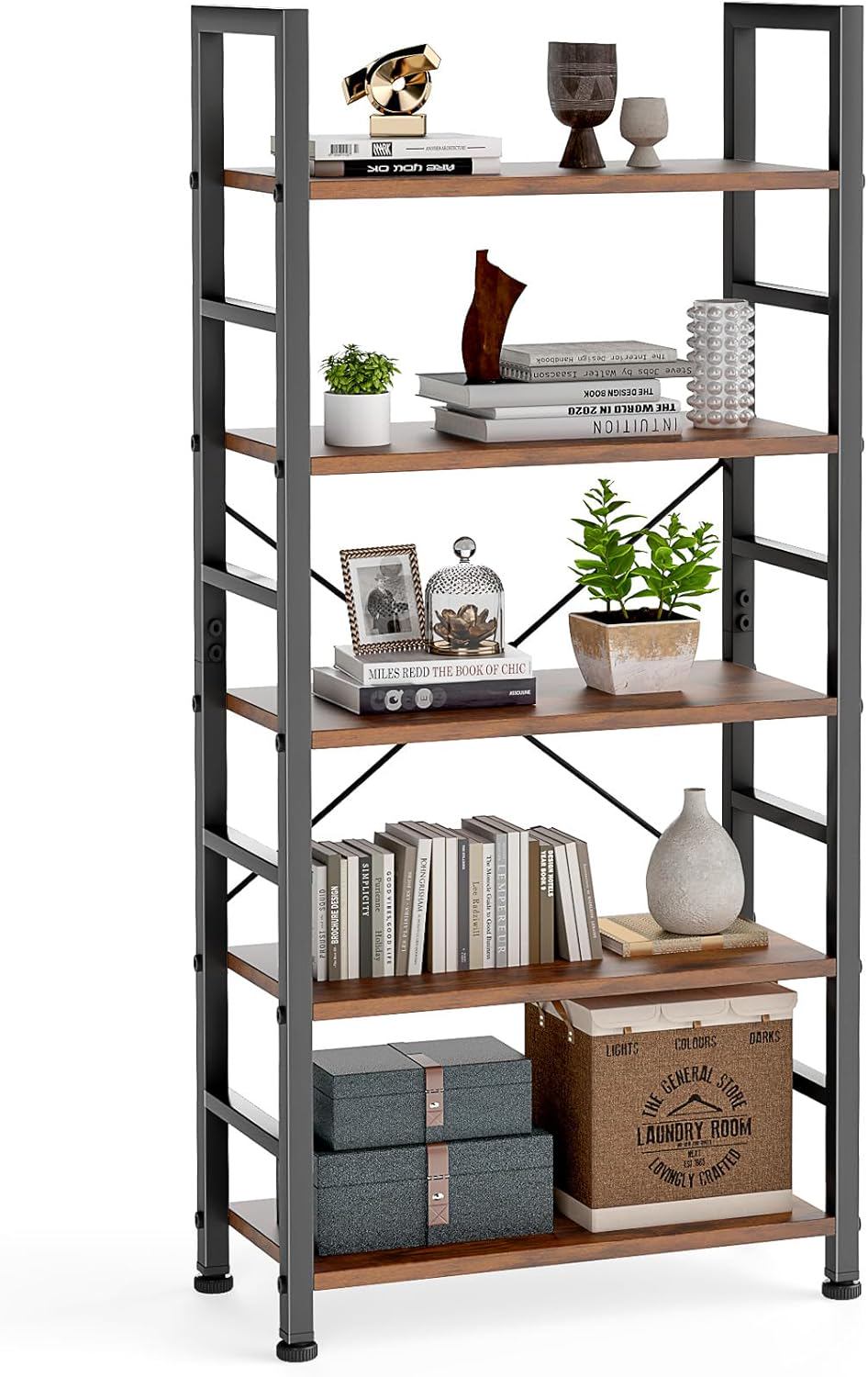 DUMOS 5 Tiers Bookshelf, Classical Modern Book Shelf, Tall Display Shelves in Living Room/Home/Office, Storage Organizer for CDs/Books/Movies, Rustic Brown
