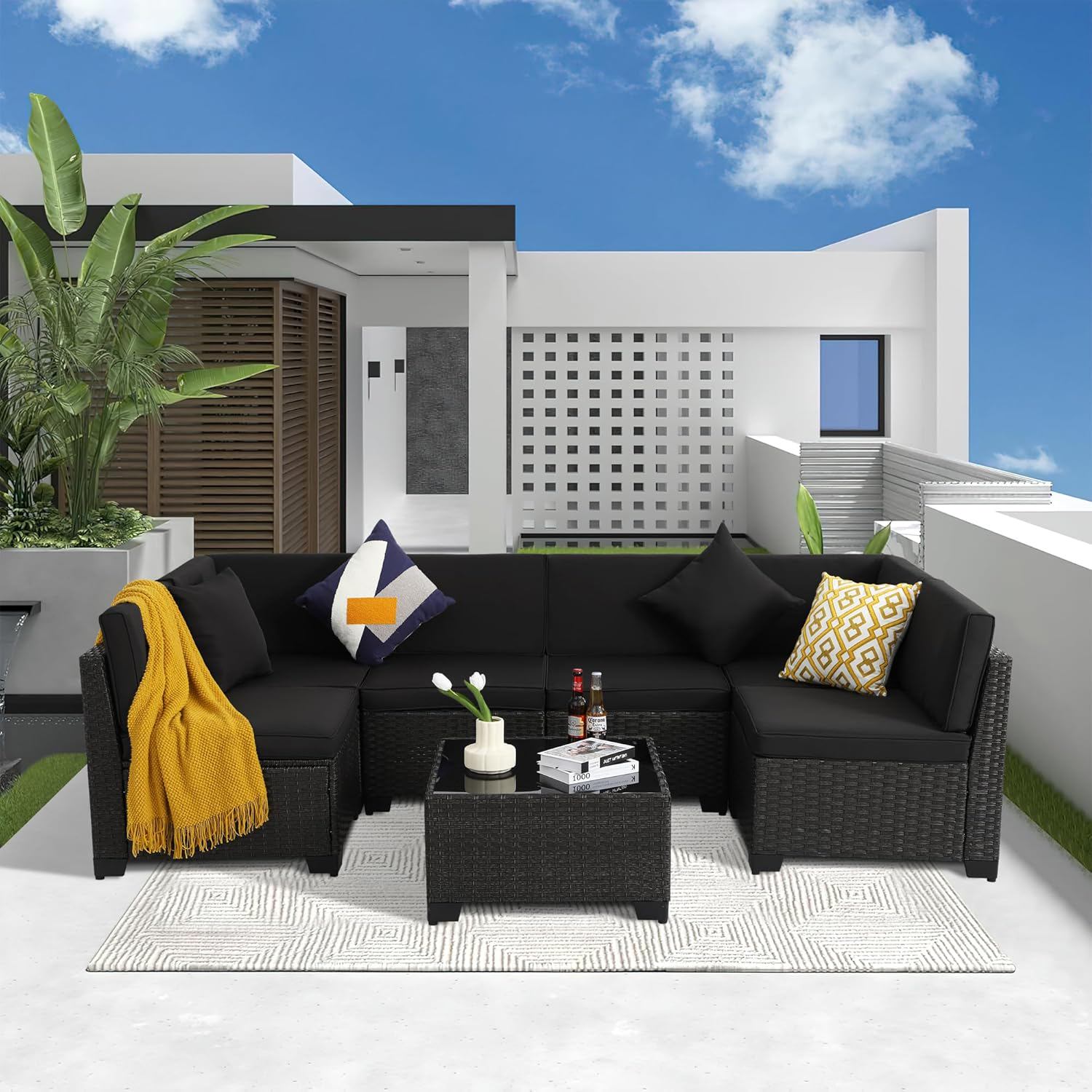 7 Piece Outdoor Patio Furniture Set, Outdoor Sectional Furniture, Rattan Chairs Glass Table Wicker Conversation Seating Sectional Sofa with Cushions (A-Black-Black, A-Tilted Back)