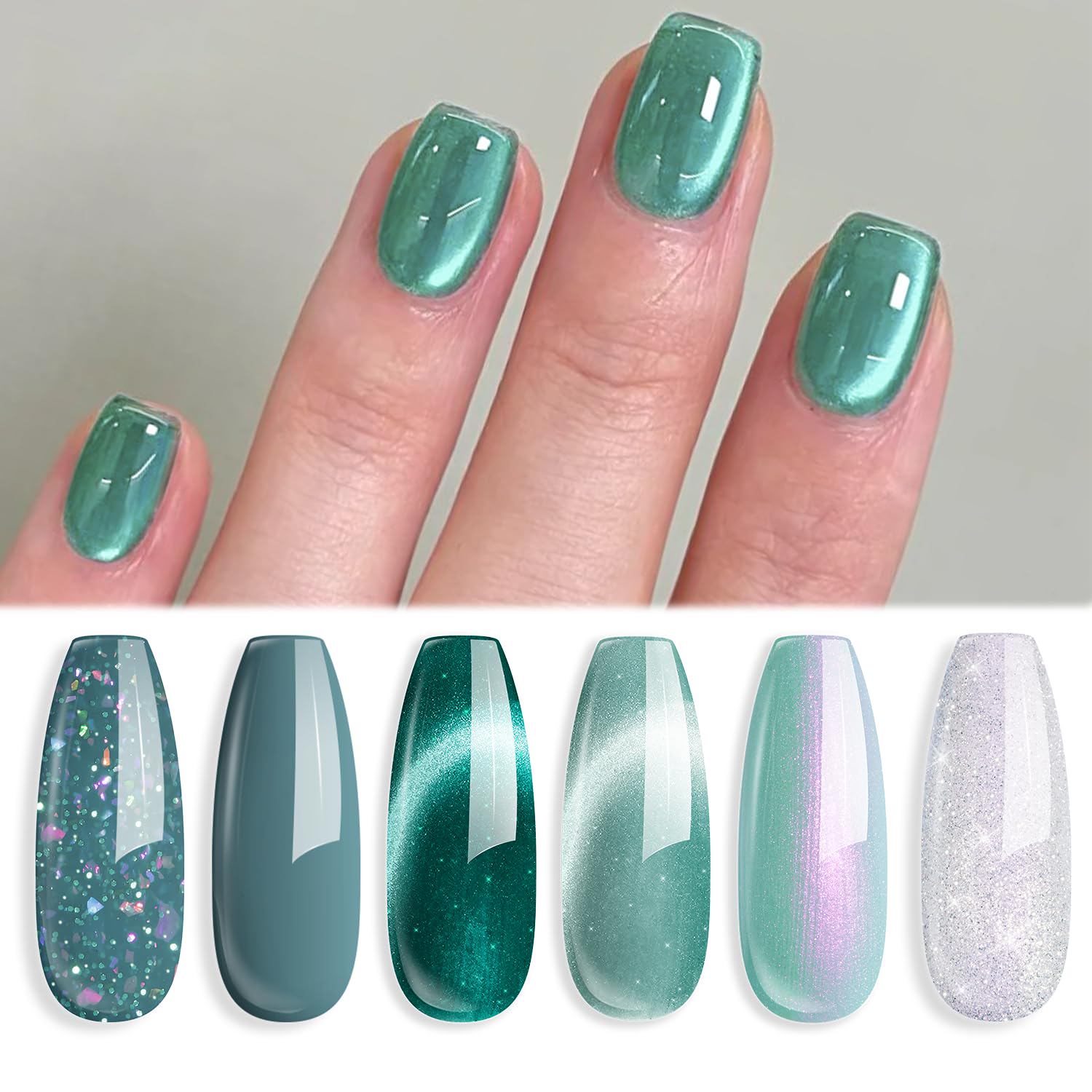 Modelones Cat Eye Gel Nail Polish, 6 Colors Hema Free 9D Green Glass Cat Eye Sliver Green Glitter Nail Polish Kit with Magnet Soak Off LED Spring Summer Nail Art Gel DIY Salon