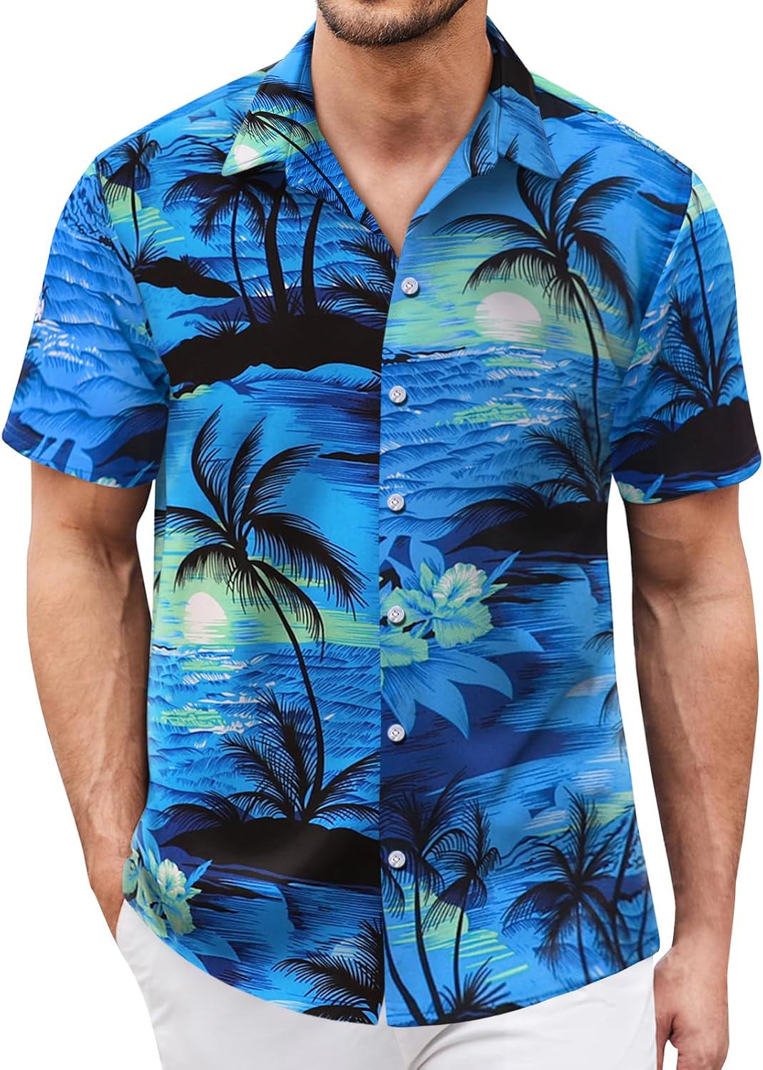 Hawaiian Shirt for Men Sleeves Printed Casual Button Down Summer Beach Dress Shirts - (color: Blue, size: Large)