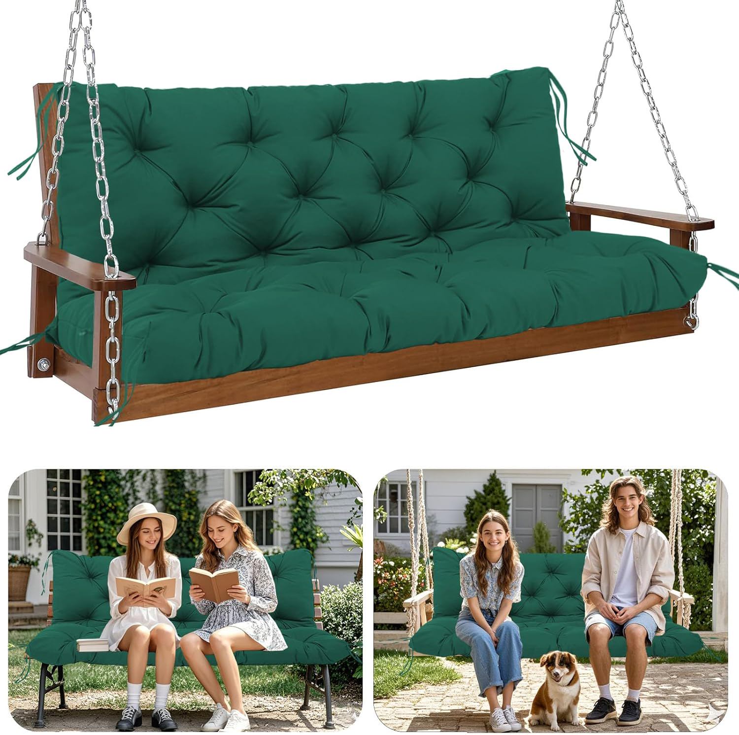 Premium 5" Thick Waterproof Outdoor Swing Cushions 3 Seater Sturdy Durable Porch Cushions 60 inch with Backrest&Ties Swing Cushions for Outdoor Furniture Backyard Patio(DarkGreen60x40x5inch)