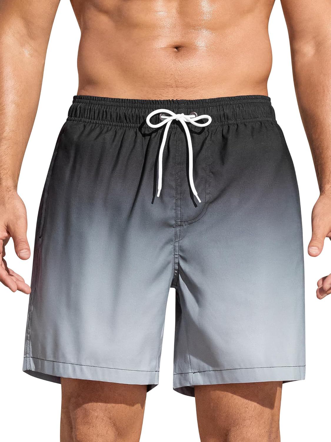 SILKWORLD Mens Swimming Trunks 5 Inch Inseam Swim Shorts Summer Bathing Suit Swimwear Beachwear with Pockets - (color: Black Gray Gradient, size: Small)