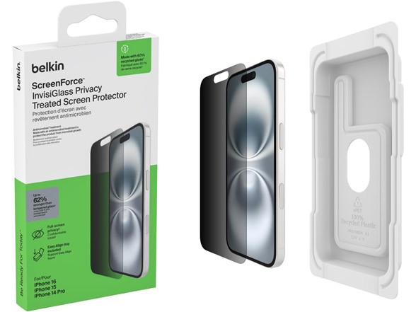 Belkin ScreenForce InvisiGlass Privacy Screen Protector for iPhone 16 Series- Slim & Scratch-Resistant, 9H Hardness w/Slim Design & Easy Align Tray for Bubble-Free Application