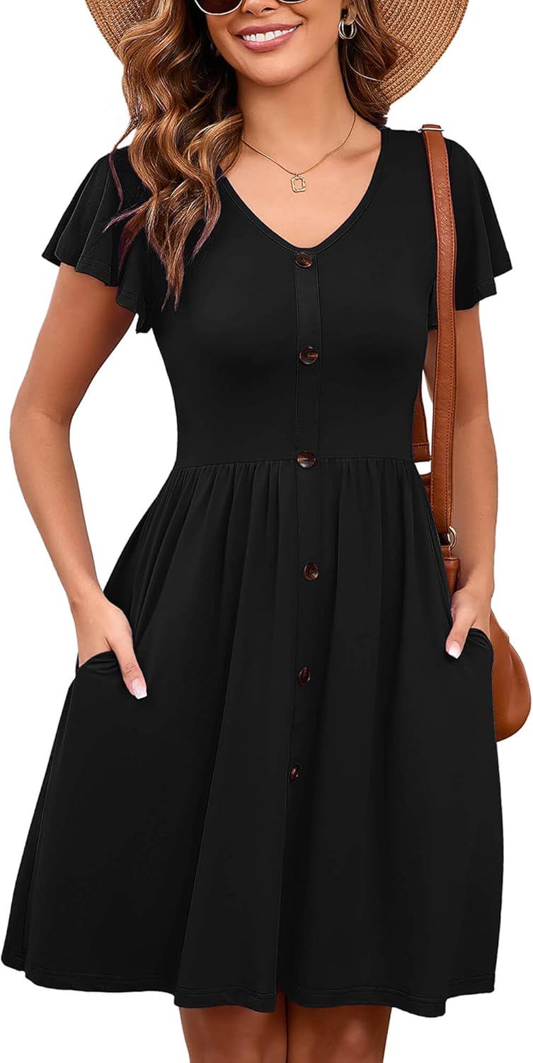 Heymoments Women Summer Dresses Ruffle Sleeve Casual V Neck Swing Button Down Midi Dress with Pockets - (color: A01-black, size: XX-Large)