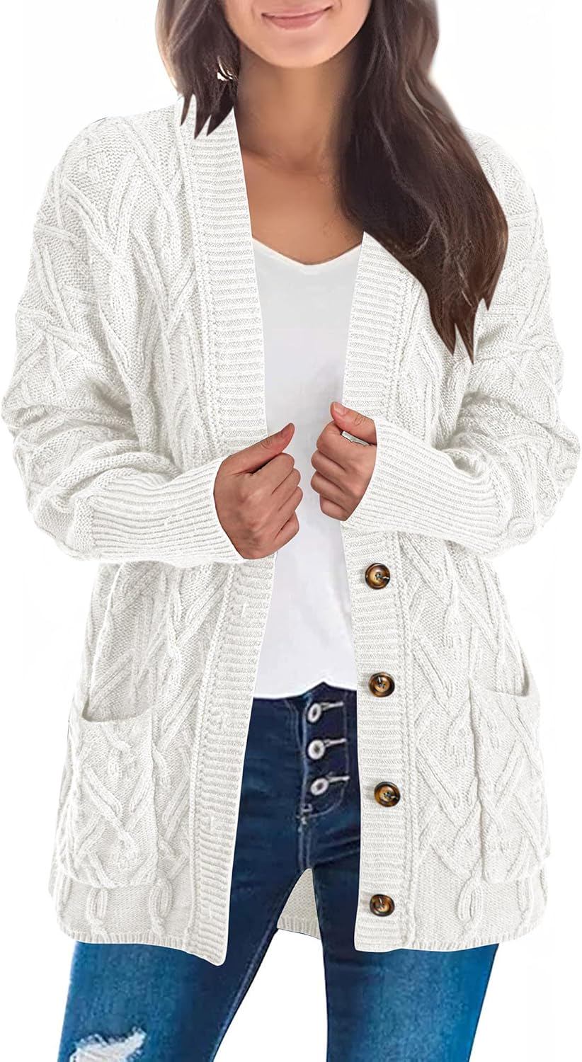 KIRUNDO Women 2024 Fall Winter Oversized Button Down Cable Knit Cardigan Casual Long Sleeve Open Front Chunky Sweater Coat