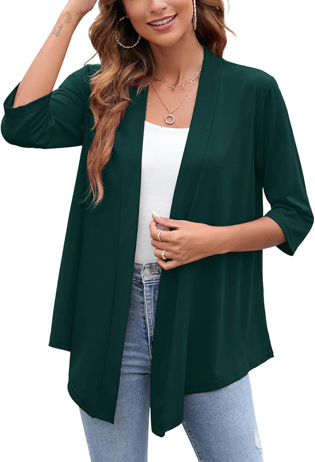 Heymoments Women's Lightweight Open Front Cardigans 3/4 Sleeve Casual Soft Drape Fall Cardigan S-2XL - (color: A04-dark Green, size: X-Large)