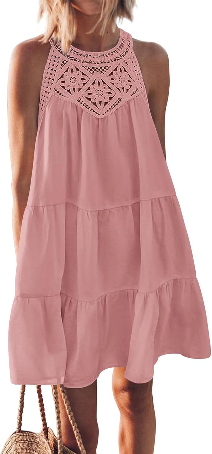 BTFBM Women Summer Halter Dresses Casual Spring 2025 Sleeveless A-Line Tiered Swing Mini Dress Beach Vacation Sundress - (color: Pink, size: Small)