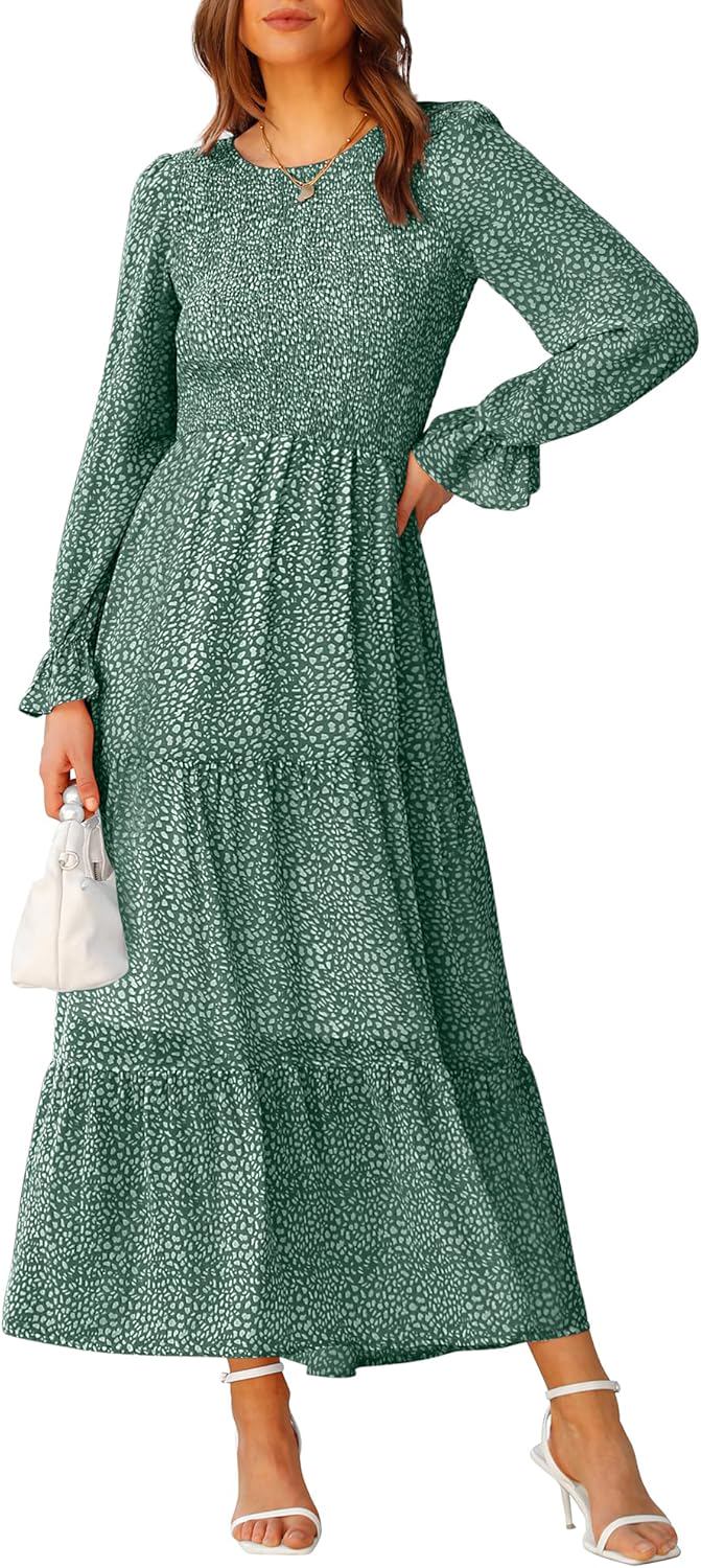 BTFBM Women Casual Long Sleeve Crew Neck Fall Dress Bohemian Relaxed Fit Floral Flowy Maxi Dresses Tiered Cocktail Dress - (color: Floral Dark Green, size: XX-Large)