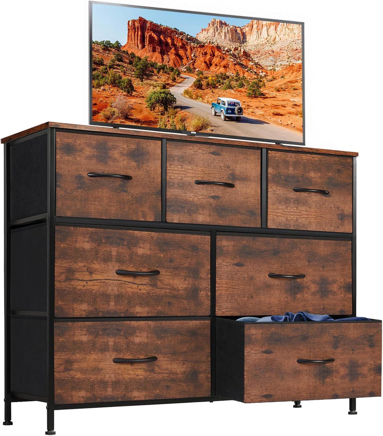 DUMOS TV Stand Dresser for Living Room Bedroom with 7 Fabric Drawer, Entertainment Center Chest Storage Organizer Units for Clothing, Closet, Cabinet, Living Room Furniture, Rustic