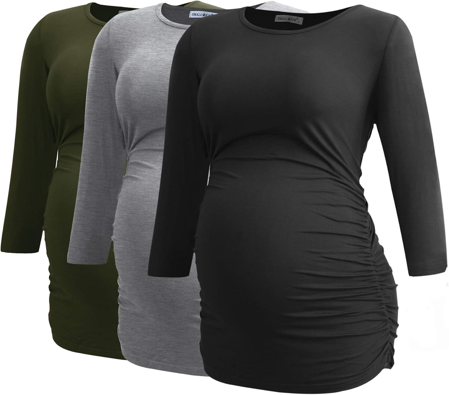 Smallshow Women's Maternity Tunic Tops Clothes 3/4 Sleeve Ruched Pregnancy Shirt