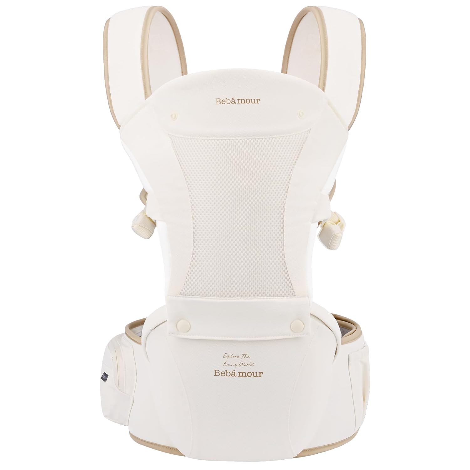 Bebamour Baby Carrier Safety-Certified Hip Seat Baby Carrier Newborn to Toddler Baby Hipseat 0-36Months with Head Hood, 3 PCS Teething Pads, Waist Extender & Storage Bag (New Khaki)