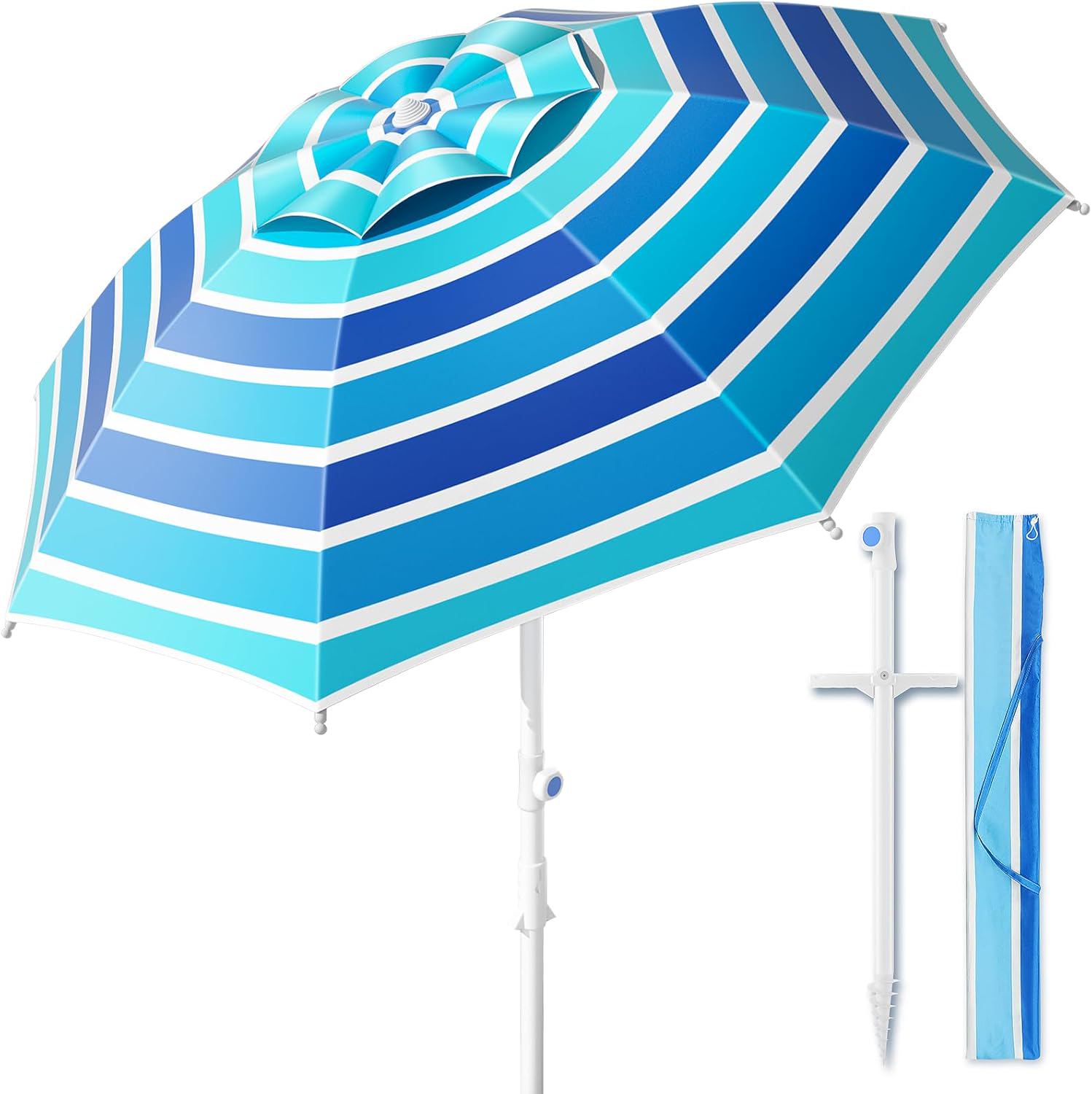 8FT Large Beach Umbrella with Heavy Duty Sand Anchor & Tilt Sun Shelter, Wind Resistance, UPF50+ UV Protection, Waterproof Canopy, Portable for Beach Outdoor Patio Yard Garden Pool